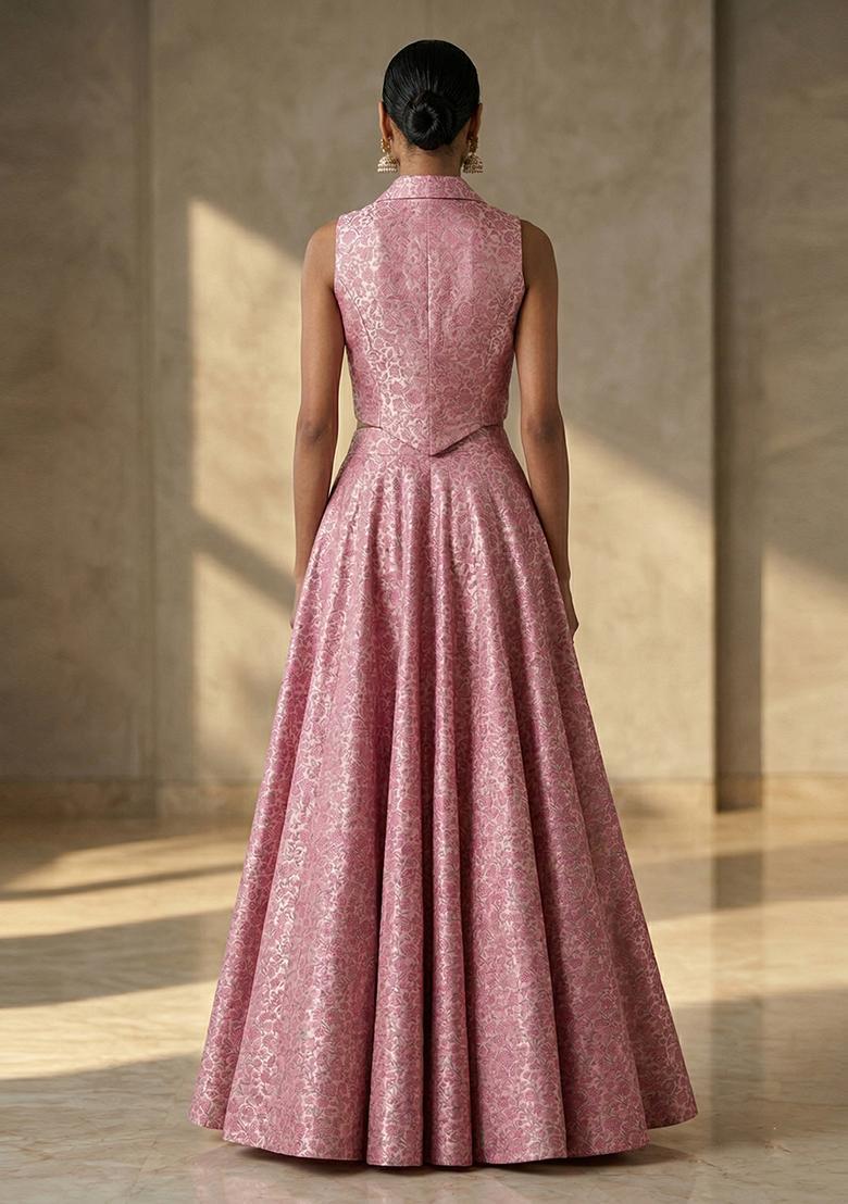 Dusty Pink Jacquard Silk Lehenga Set - Indya