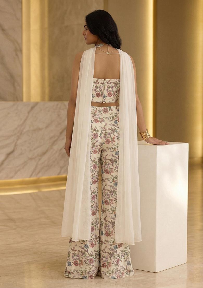 Off White Sequin Crepe Fusion Set - Indya