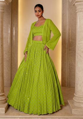 Lime Green Embroidered Chinon Lehenga Set