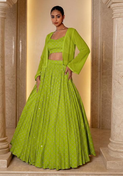 Lime Green Embroidered Chinon Lehenga Set