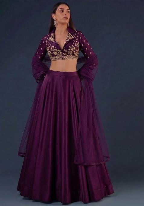 Deep Plum Embroidered Handwork Lehenga Set