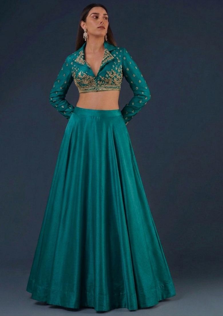 Teal Green Embroidered Handwork Lehenga Set - Indya