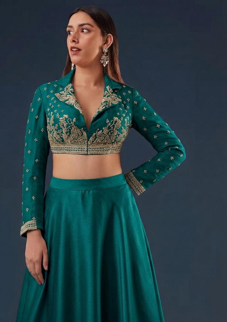 Teal Green Embroidered Handwork Lehenga Set - Indya
