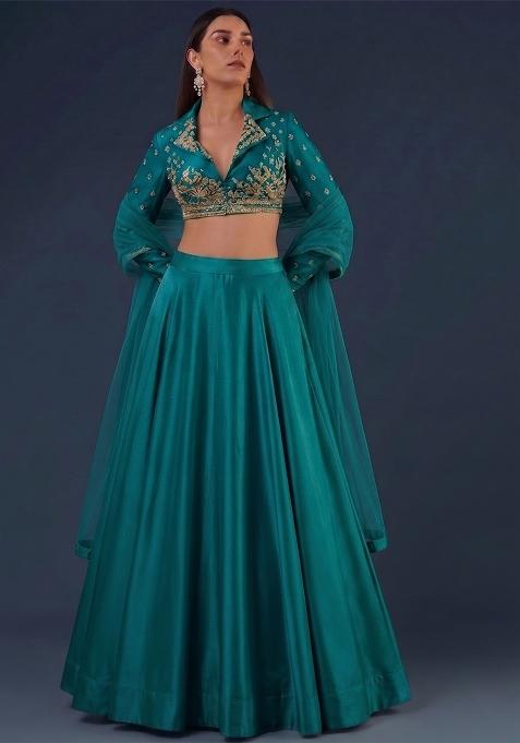 Teal Green Embroidered Handwork Lehenga Set