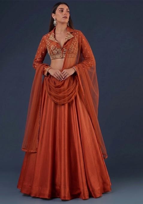 Orange Embroidered Handwork Lehenga Set