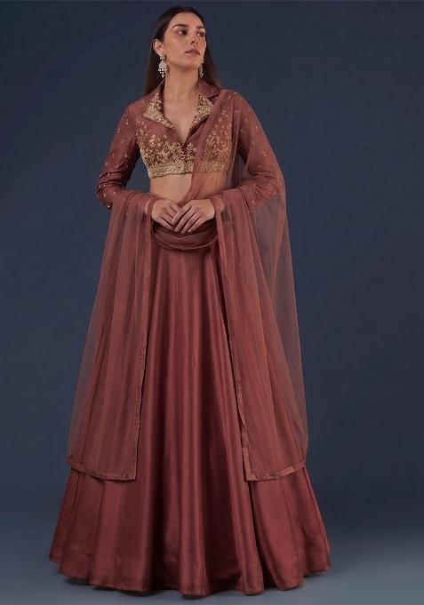 Brown Embroidered Handwork Lehenga Set