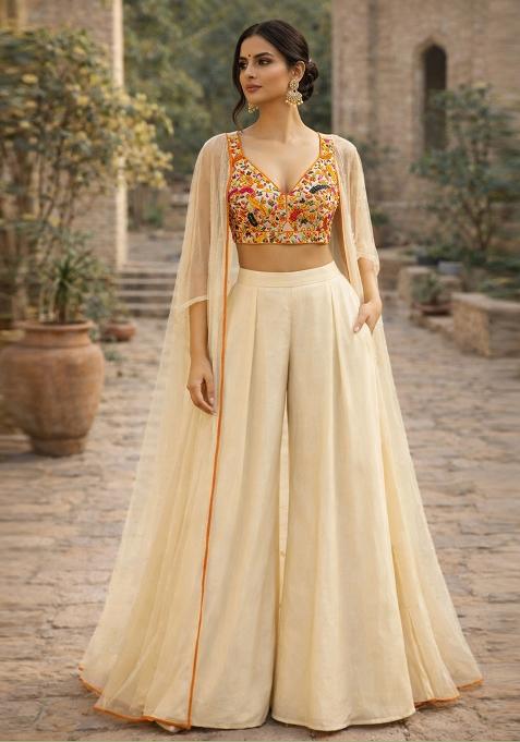 Cream Embroidered Handwork Sharara Set