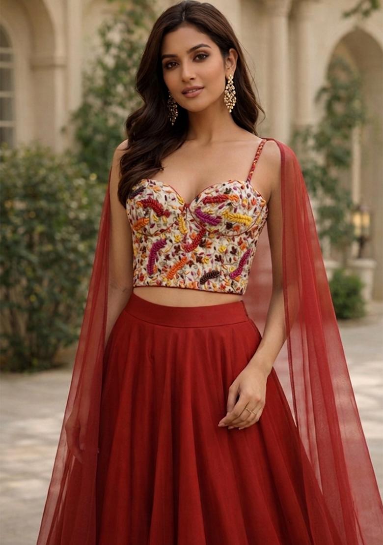 Rust Red Embroidered Handwork Lehenga Set - Indya
