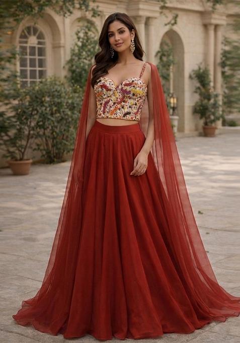 Rust Red Embroidered Handwork Lehenga Set