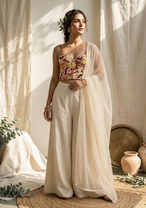 Ivory Embroidered Handwork Fusion Set