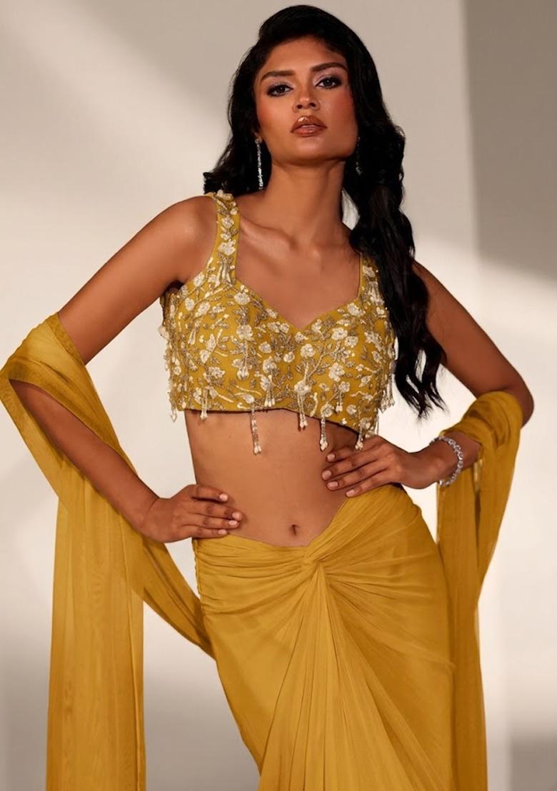 Yellow Embroidered Handwork Fusion Set - Indya