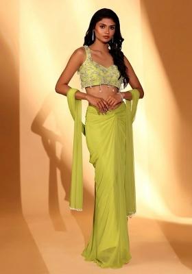 Lime Green Embroidered Handwork Fusion Set