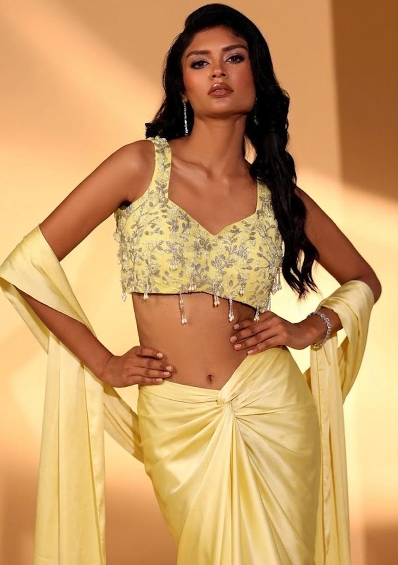 Yellow Embroidered Handwork Fusion Set - Indya