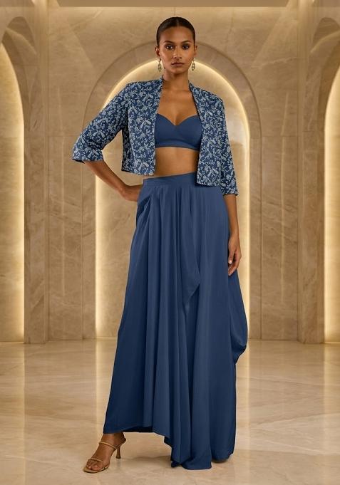 Steel Blue Printed Crepe Fusion Set