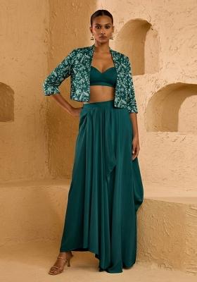 Teal Green Printed Crepe Fusion Set