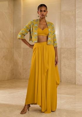 Mustard Yellow Printed Crepe Fusion Set