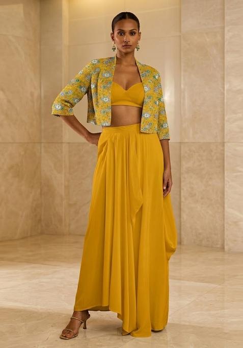 Mustard Yellow Printed Crepe Fusion Set