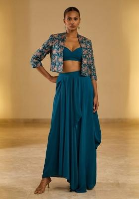 Teal Blue Printed Crepe Fusion Set