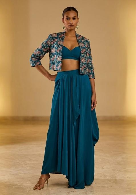 Teal Blue Printed Crepe Fusion Set