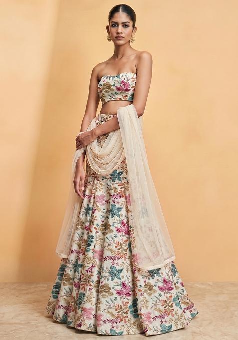 Off White Printed Silk Lehenga Set