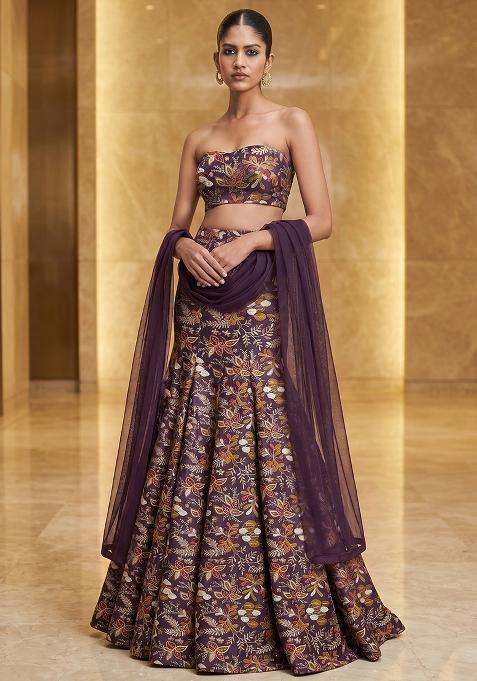 Deep Plum Printed Silk Lehenga Set