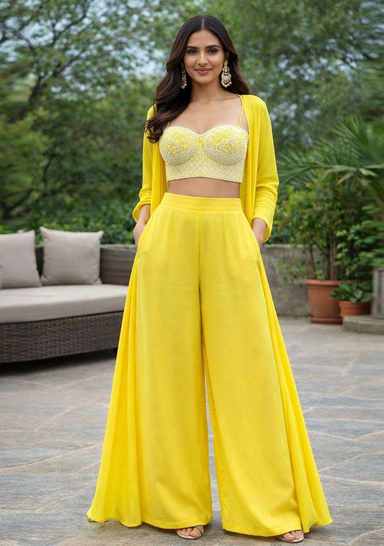 Bright Yellow Handwork Fusion Set - Indya