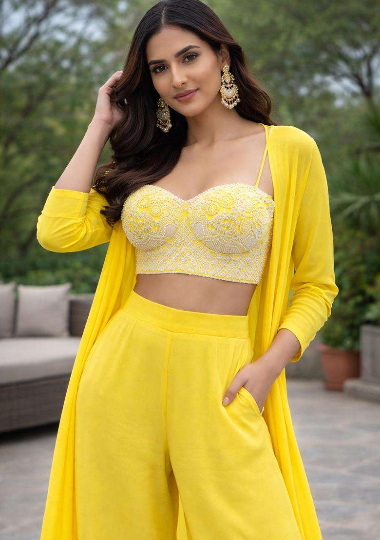 Bright Yellow Handwork Fusion Set - Indya