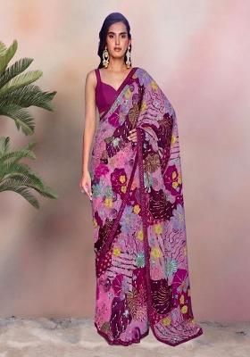Magenta Pink Printed Crepe Pre Draped Saree Set
