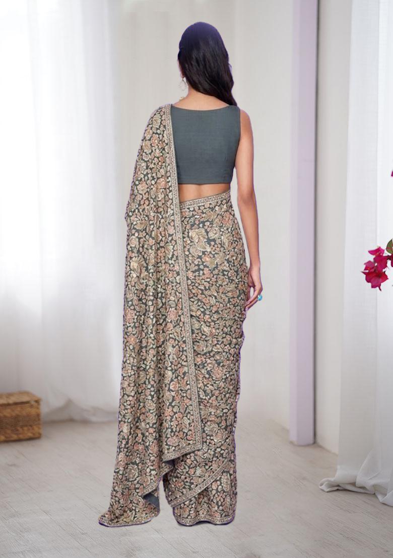 Slate Grey Printed Crepe Pre Draped Saree Set - Indya