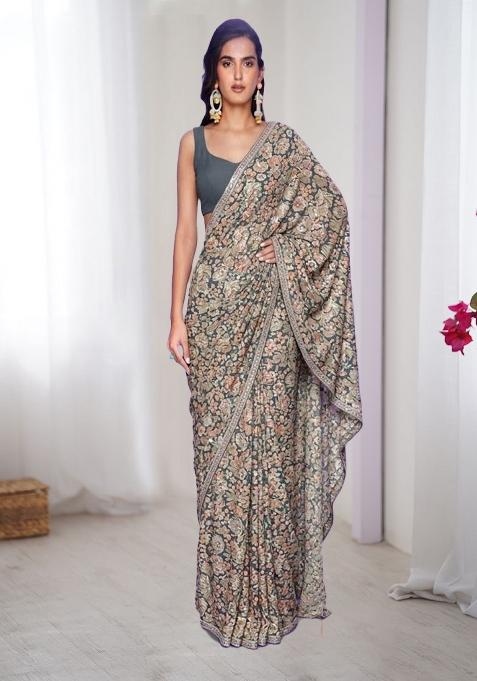 Slate Grey Printed Crepe Pre Draped Saree Set