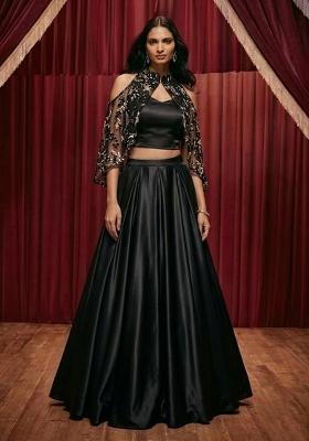 Jet Black Embroidered Net Lehenga Set