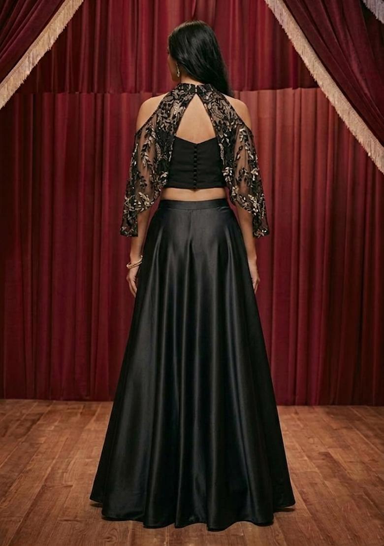 Jet Black Embroidered Net Lehenga Set - Indya