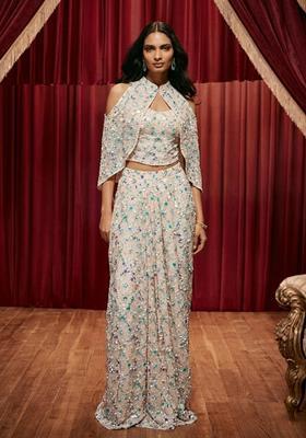 Ivory Peach Embroidered Net Fusion Set
