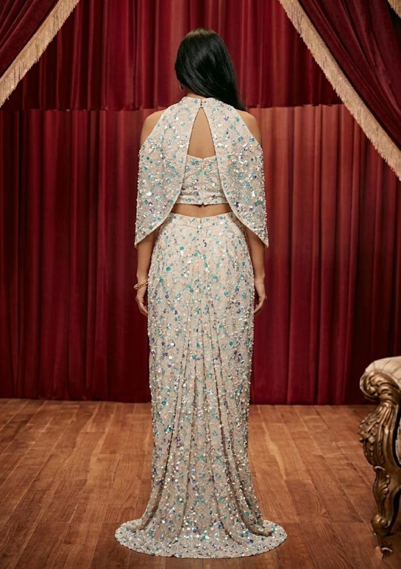 Ivory Peach Embroidered Net Fusion Set - Indya