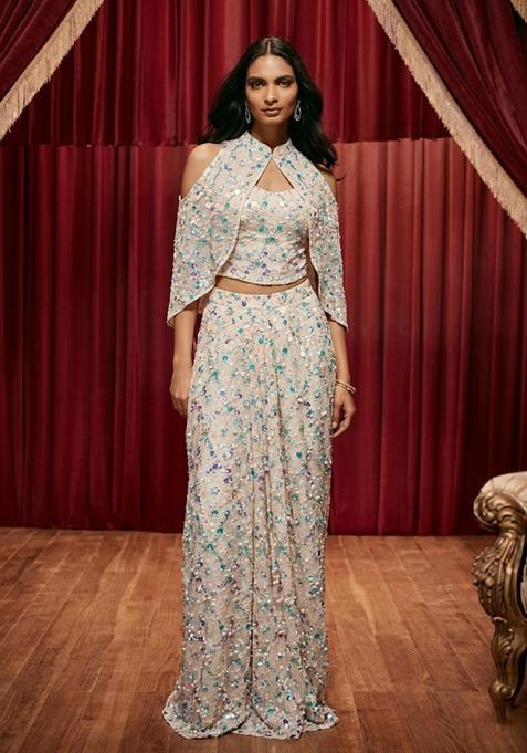 Ivory Peach Embroidered Net Fusion Set