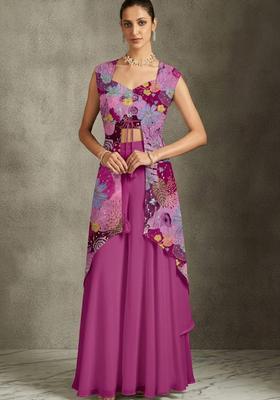 Magenta Purple Printed Crepe Fusion Set