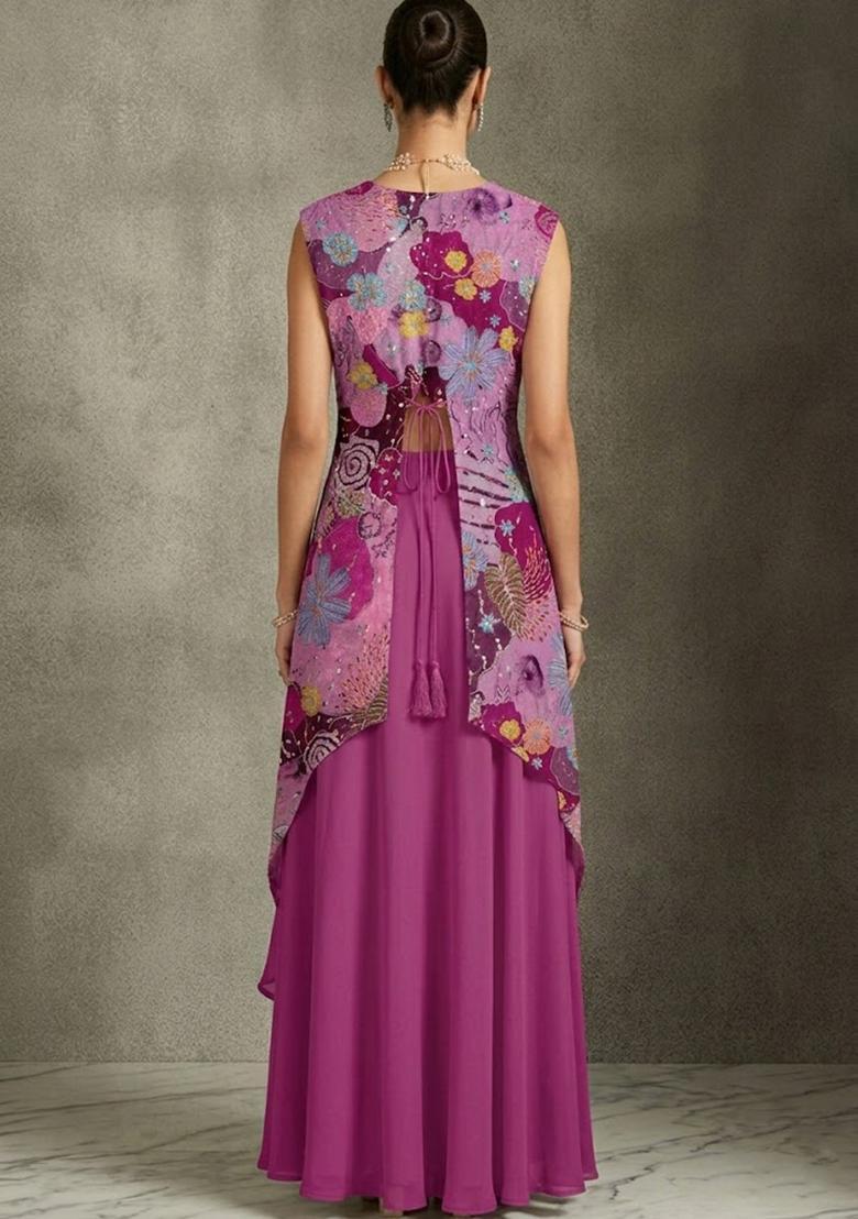 Magenta Purple Printed Crepe Fusion Set - Indya