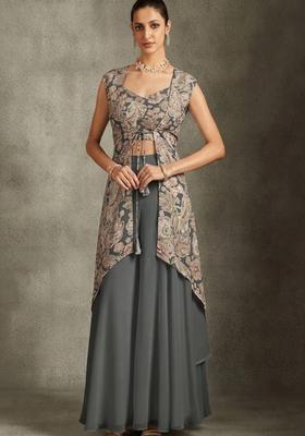 Steel Grey Printed Crepe Fusion Set