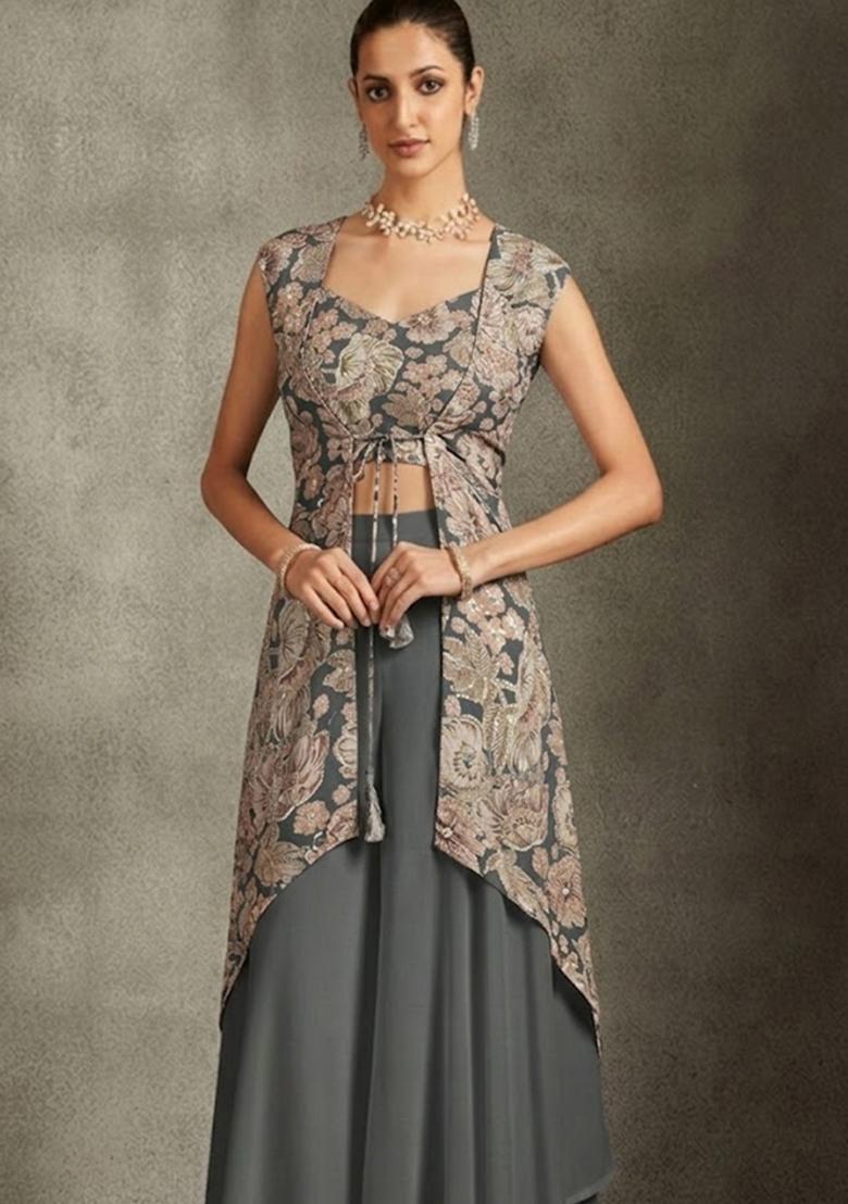 Steel Grey Printed Crepe Fusion Set - Indya