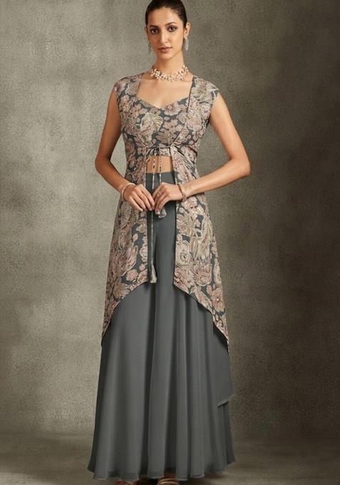Steel Grey Printed Crepe Fusion Set