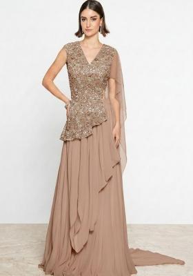 Mocha Brown Embroidered Net Fusion Set