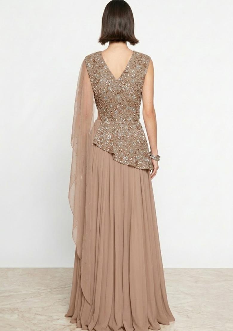 Mocha Brown Embroidered Net Fusion Set - Indya
