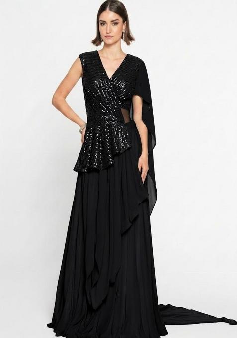 Jet Black Sequin Net Fusion Set