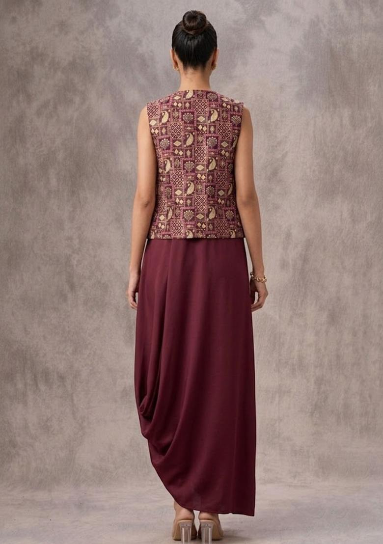 Wine Maroon Printed Fusion Set - Indya