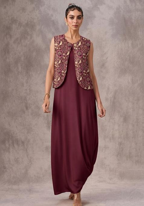 Wine Maroon Printed Fusion Set