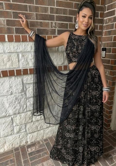 Jet Black Embroidered Net Lehenga Set