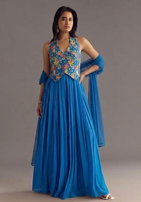 Cerulean Blue Printed Crepe Fusion Set