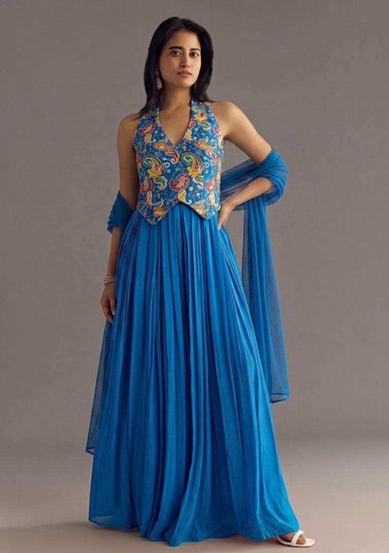 Cerulean Blue Crepe Fusion Set with Printed for Diwali | Wedding & Festive Wear - Indya