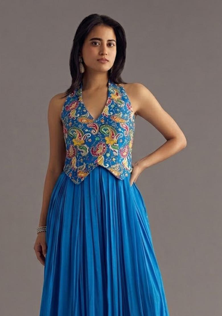 Cerulean Blue Printed Crepe Fusion Set - Indya