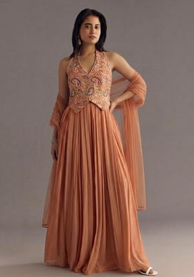 Peach Printed Crepe Fusion Set